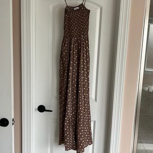 Brown & White Ruched Top Jumpsuit with Wide Legs